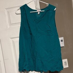 EUC Isabel Maternity Teal Sleeveless Blouse Stitched Floral Hem L Large